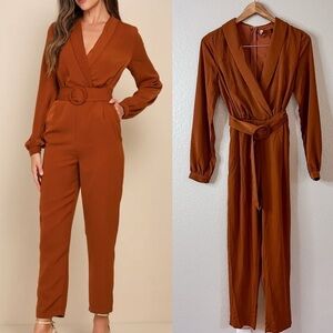 Sleek Impression Rust Brown Belted Collared Slim Leg Jumpsuit